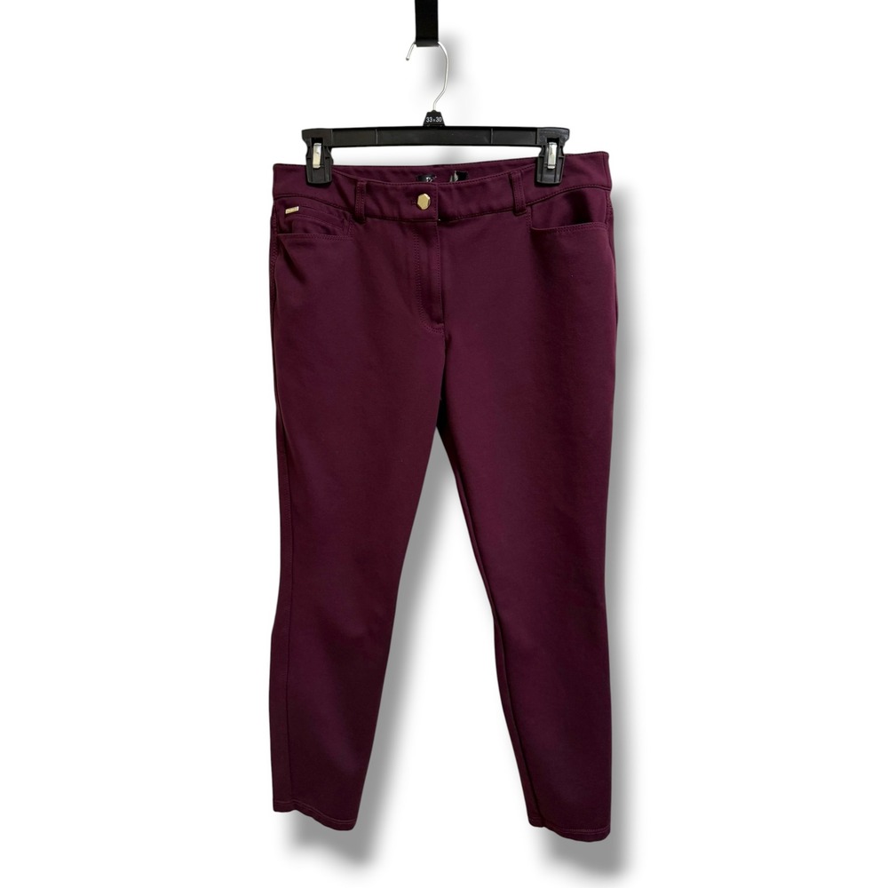 White House Black Market Burgundy Skinny Leg Ponte Pants‎ Gold Hardware Size 8R
